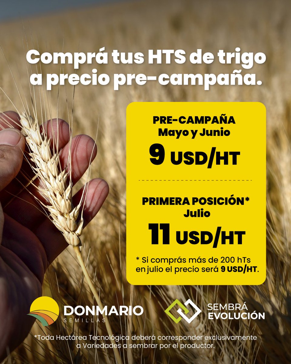 DONMARIOoficial's tweet photo. ¡Sacá ventaja en cada detalle! 💪

Ya podés comprar tus HTs de trigo a un precio promocional. ¡No dejes pasar esta oportunidad! 👊

Adquirí tus HTs a través de #SembraEvolución o en tu comercio de confianza. 🙌

Desde siempre, Innovar Juntos Rinde. https://t.co/18Nb4Vl0ly