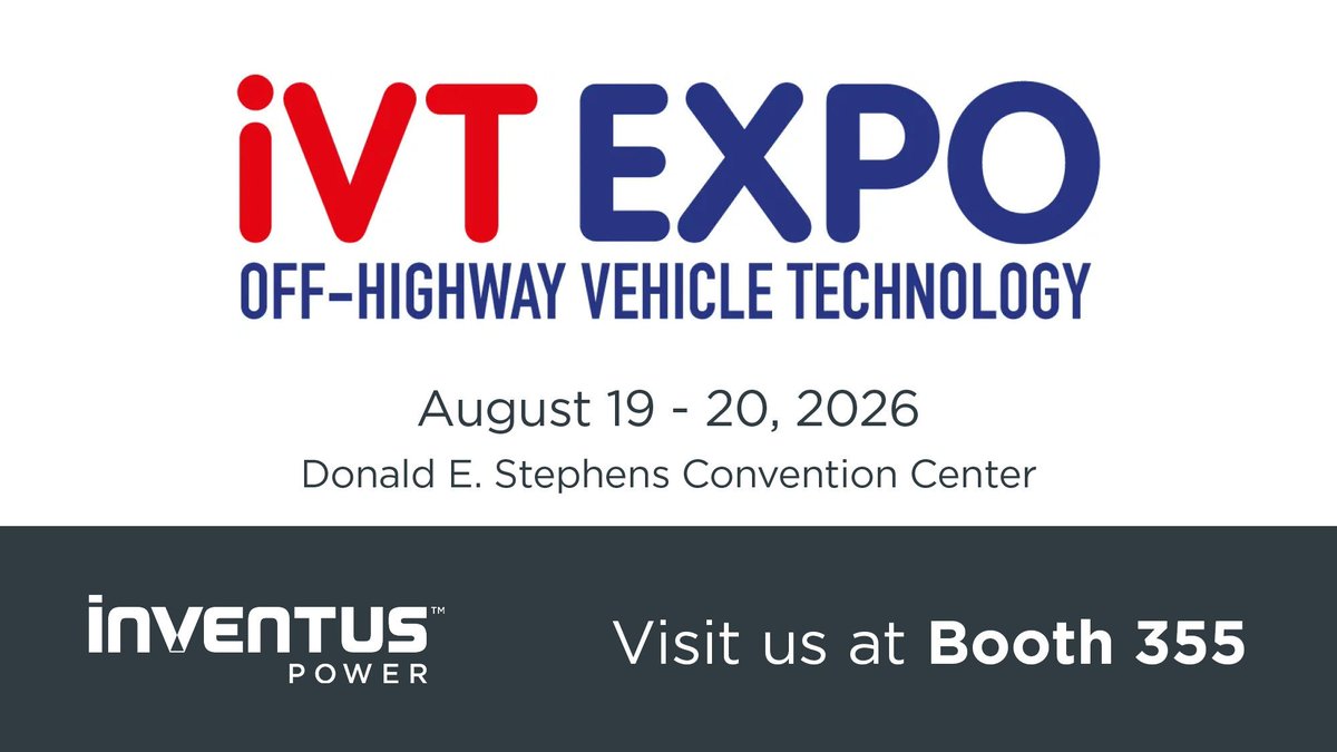 InventusPower's tweet photo. Save the date! #iVTExpo Chicago 2026, Aug 19-20! Connect with leaders driving the future of industrial &amp; off-highway vehicle tech. Visit booth 355 to learn how #WeMakeLithiumWork with our advanced batteries, charger compatibility, certifications, integration support, &amp; more! https://t.co/WTsqFvd7EX