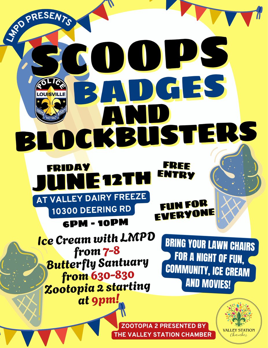 RyanSellsLou's tweet photo. Grab your lawn chairs and your appetite, Valley Station. 
🍦 Scoops, 👮 Badges &amp; 🎬 Blockbusters is happening Friday, June 12th at Valley Dairy Freeze Inc — FREE entry, ice cream with @LMPD, a Butterfly Sanctuary, and Zootopia 2.  
This one's for the whole family. See you there. https://t.co/zdLY38PeBa