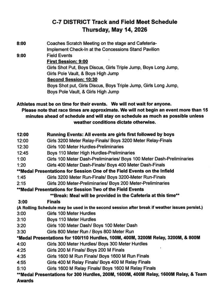 SchoolSutton's tweet photo. The District Track Meet will be held at Sandy Creek High School on Thursday May 14th.  Field Events start at 9am and Running Events will follow at noon. https://t.co/p0LmgOOXm7