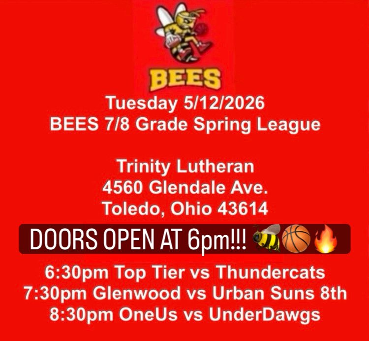 beespotlight's tweet photo. 🚨 ATTENTION ATTENTION!!! The BEES League games begin at 6:30pm tonight. There is NO 5:30pm game!!! 🐝🏀🔥 https://t.co/Noabjrcklg