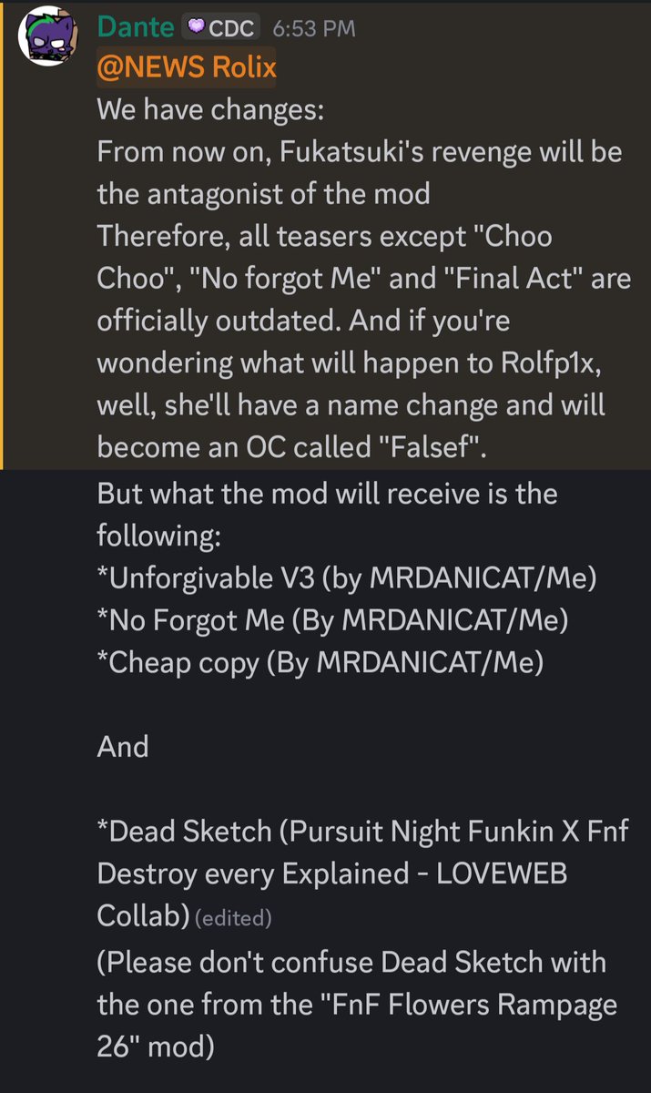 ModFnf12739's tweet photo. #Pursuitcore #PursuitNightFunkin 

The mod will have changes and Roflp1x will no longer be the protagonist; now it will be Fukatsuki from "Fukatsuki's revenge," a character originally intended for V1.

And Rolfp1x was given the name "FalseF" https://t.co/0mTnkGG2fg