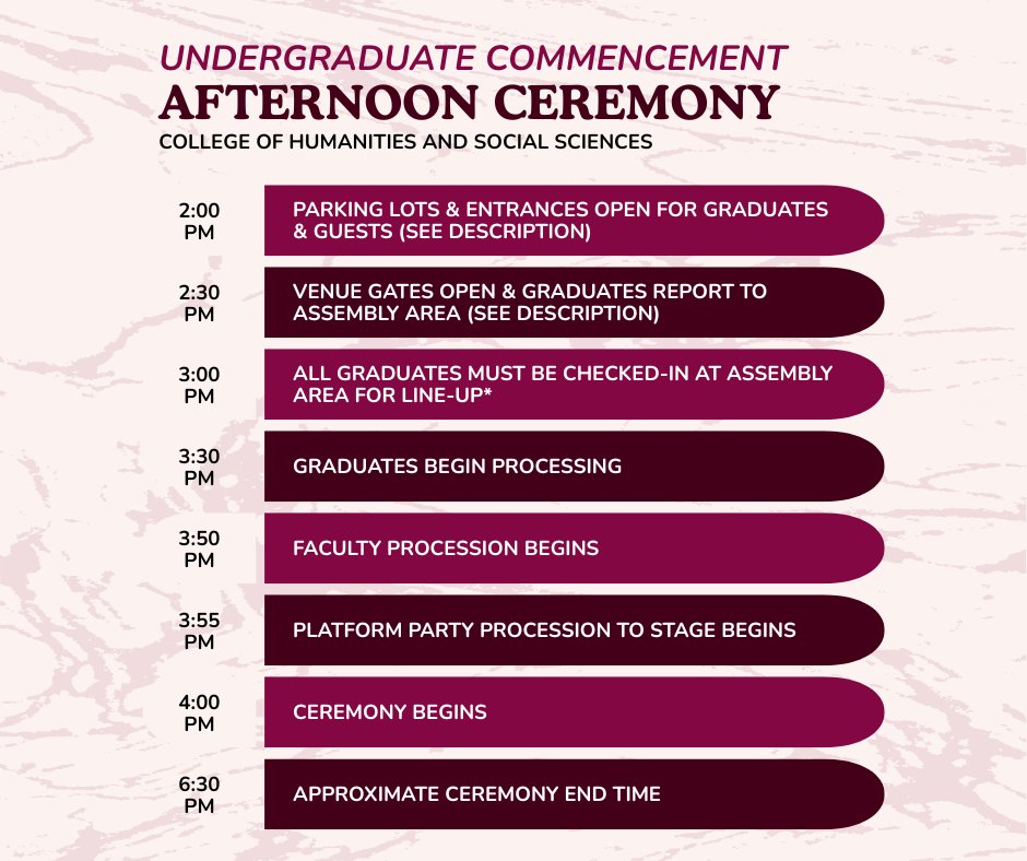 BSUCommencement's tweet photo. Afternoon Ceremony Schedule 
Check-in starts at 2:30 PM. Graduates MUST check in 1 hour before ceremony start time
Map of the parking area can be found here: https://t.co/qRHAeHtrsU 
Late check-in = No walk with your major &amp; possibly at the end of the processional. #BSUGrad26 https://t.co/1ULiAT9bJB