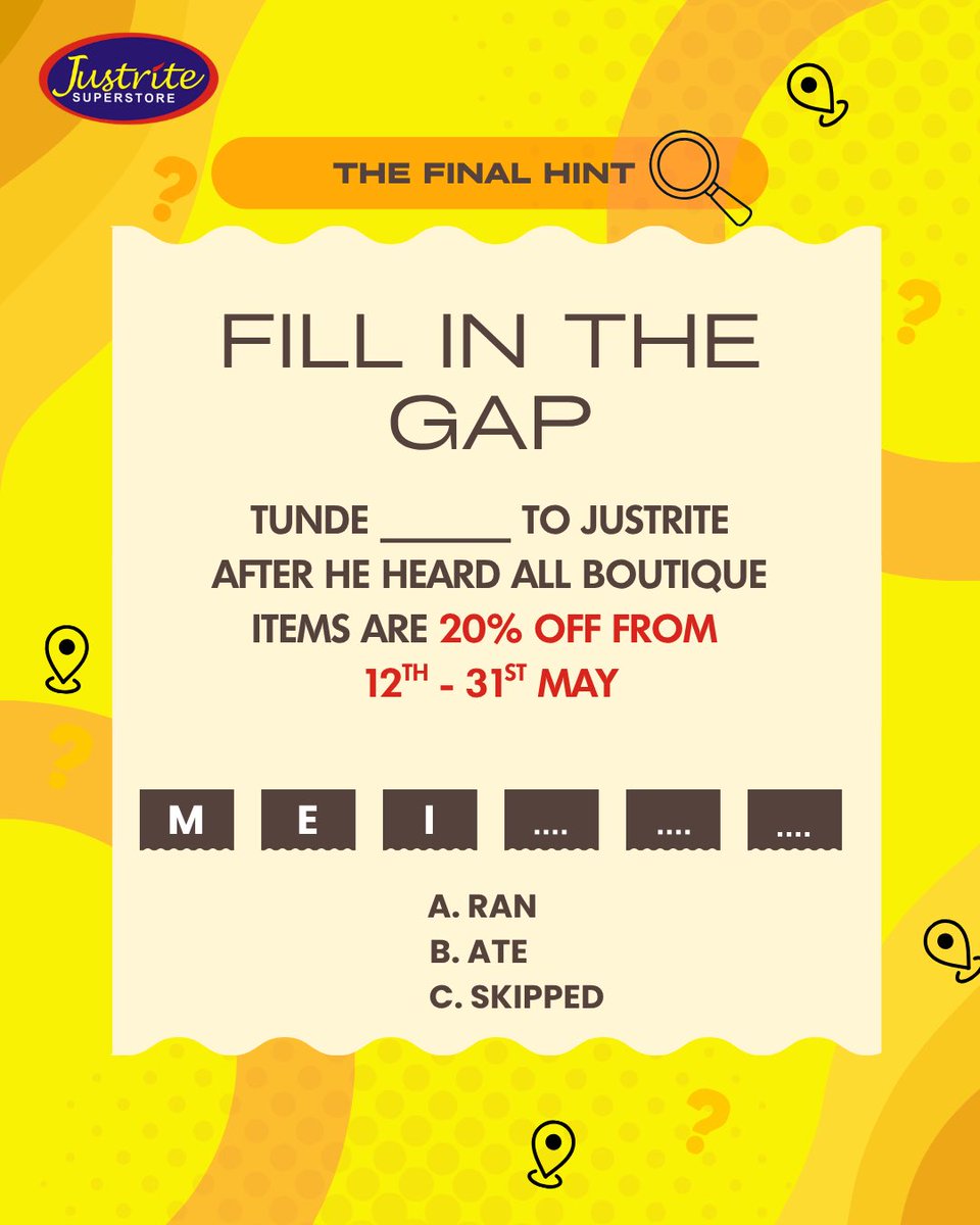 Justrite_ng's tweet photo. To our beautiful gamers
The quest is still on!!
Solve final puzzle to discover new store location in Lagos ๐บ ๐
A big congratulations to everyone who played the game
#justrite
#justritesuperstore
#newstoreopening https://t.co/wL3IumPEYO