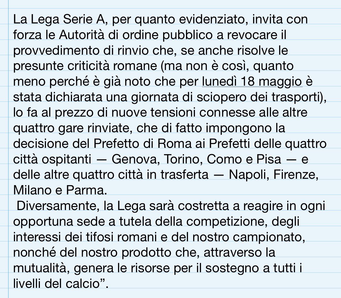davide_capano's tweet photo. Il comunicato ufficiale della Lega #SerieA  dopo la decisione del Prefetto di Roma di rinviare d’autorità il derby #RomaLazio alle 20.45 di lunedì #18maggio👇🏻 https://t.co/46l31BPKad