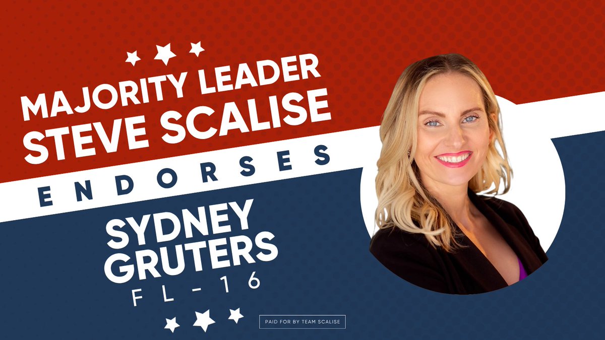 SteveScaliseGOP's tweet photo. Joint House Republican leadership endorsement statement with @MikeJohnson, @tomemmer, and @LisaForCongress:  

Sydney Gruters is an America First patriot who will help us continue to deliver safe streets, secure borders, a strong economy, and peace through strength. She has dedicated her career to serving her community, and in Congress will defend our constitutional rights, veterans, law enforcement, and the principles that have made America the greatest nation on Earth. We are proud to ENDORSE Sydney Gruters for Florida’s 16th District, and look forward to working with her to defend and grow our House Republican majority and CONTINUE our American comeback! 🇺🇸