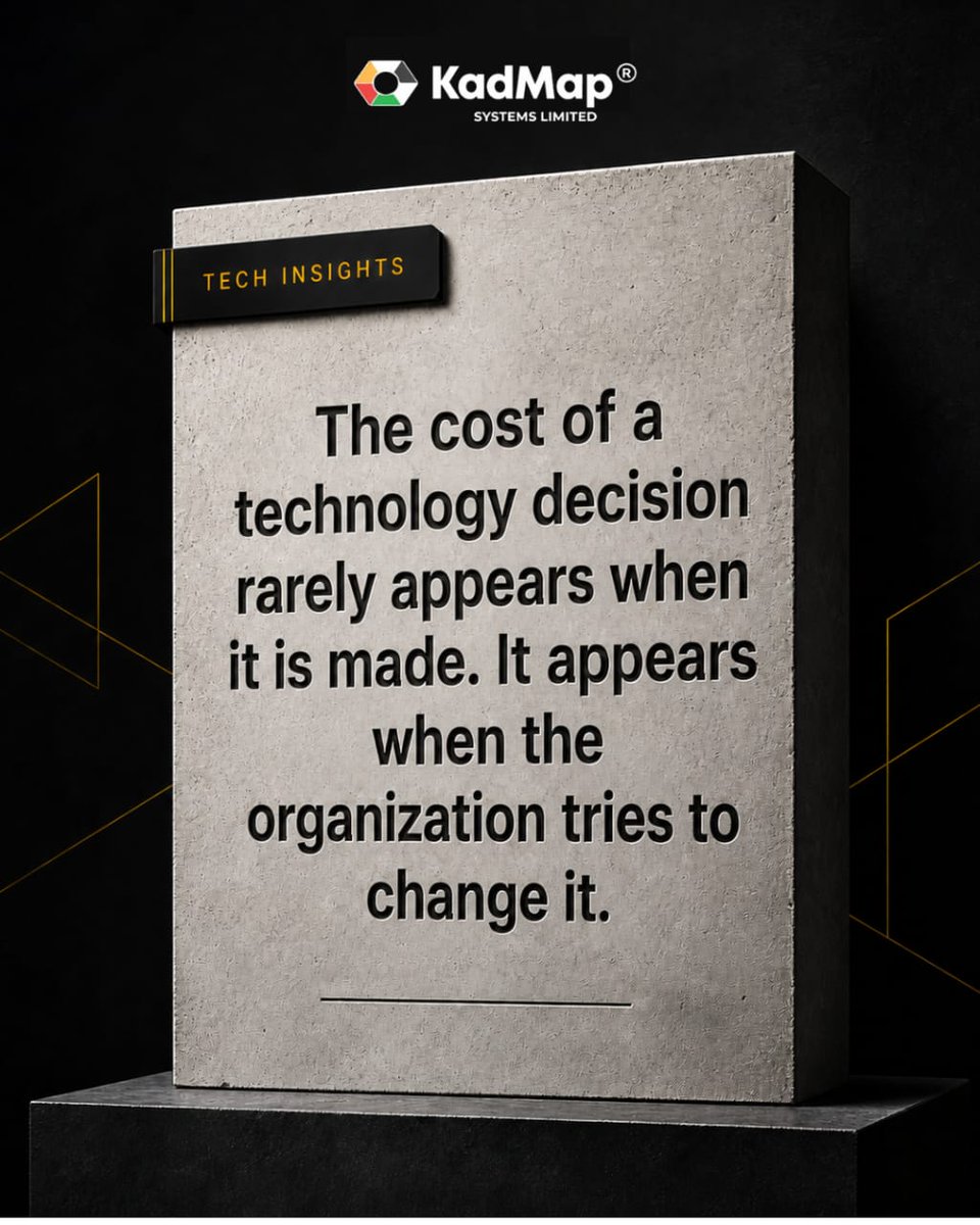 KadMap's tweet photo. The decisions organizations make about their technology infrastructure often look simple at the point of adoption. But the complexity emerges later, when those decisions have quietly shaped workflows, processes, and operations in ways that make changing direction far more expensive than anyone anticipated.

#TechInsight #EnterpriseInfrastructure #KadMap #Cloud #DigitalTransformation