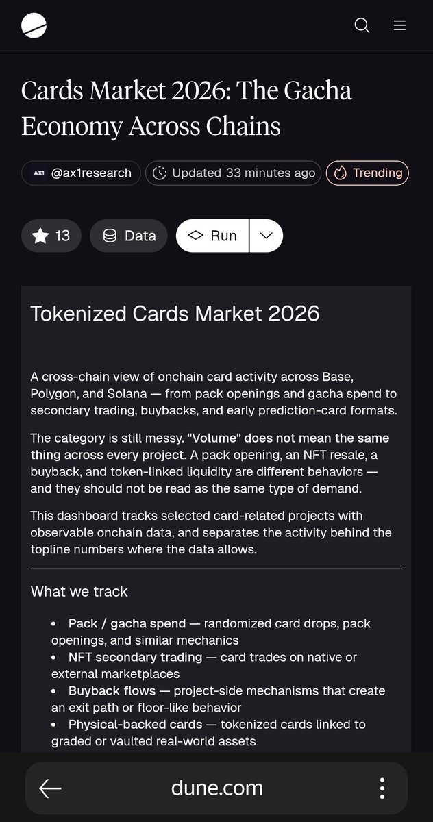 vinch86's tweet photo. @ax1vc Active ProjectsCards Market — KPI Counters (V2).
I’m interested in this project because it turns fragmented on-chain card market activity into clear, cross-chain intelligence, making it easier to spot capital flows, user growth, and emerging leaders before the crowd does. https://t.co/H5ehfxtQhZ