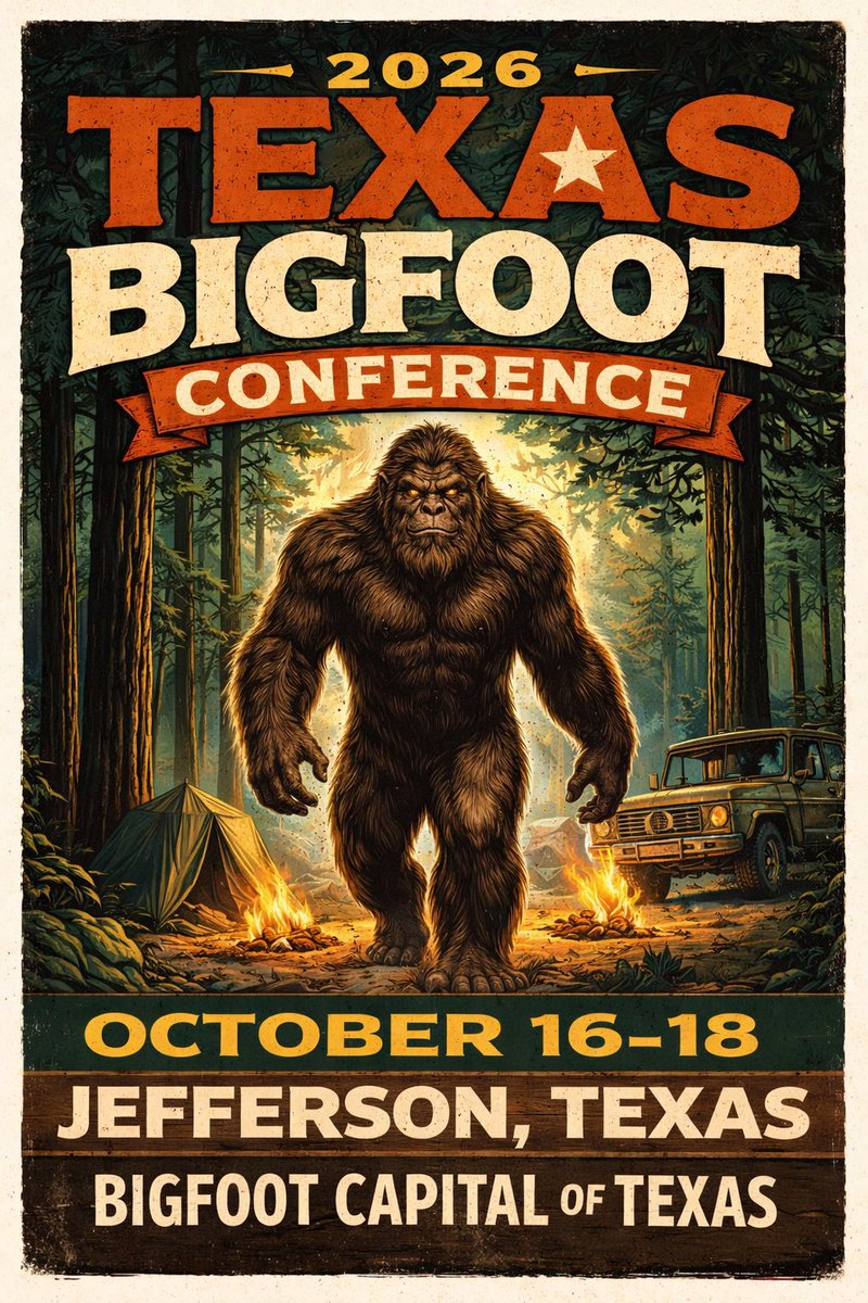 cryptomundo_inc's tweet photo. Tickets are on sale for the 2026 Texas Bigfoot Conference!

There are a limited number of general admission tickets that will be released at this time.

Registration: https://t.co/GuOaXw82VU

#TexasBigfootConference
#JeffersonBigfootCapitalOfTexas
#AdamDavies
#LyleBlackburn https://t.co/vATZUNWE5R
