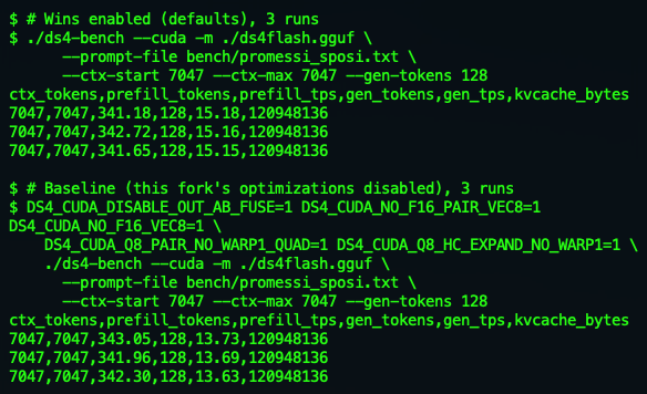 cghart's tweet photo. Two contributions to @antirez's ds4 (DeepSeek V4 Flash) on NVIDIA GB10 / DGX Spark today:

• Fixed silent MTP α=0 bug on CUDA (fd-cache → NaN drafts)
• +1.5 tok/s (13.66 → 15.16) via F16 GEMV uint4 vec + q8_0 CTA-parallelism + output_a/b fuse

https://t.co/DqD1qx6PoV https://t.co/fUJxhQAbRu