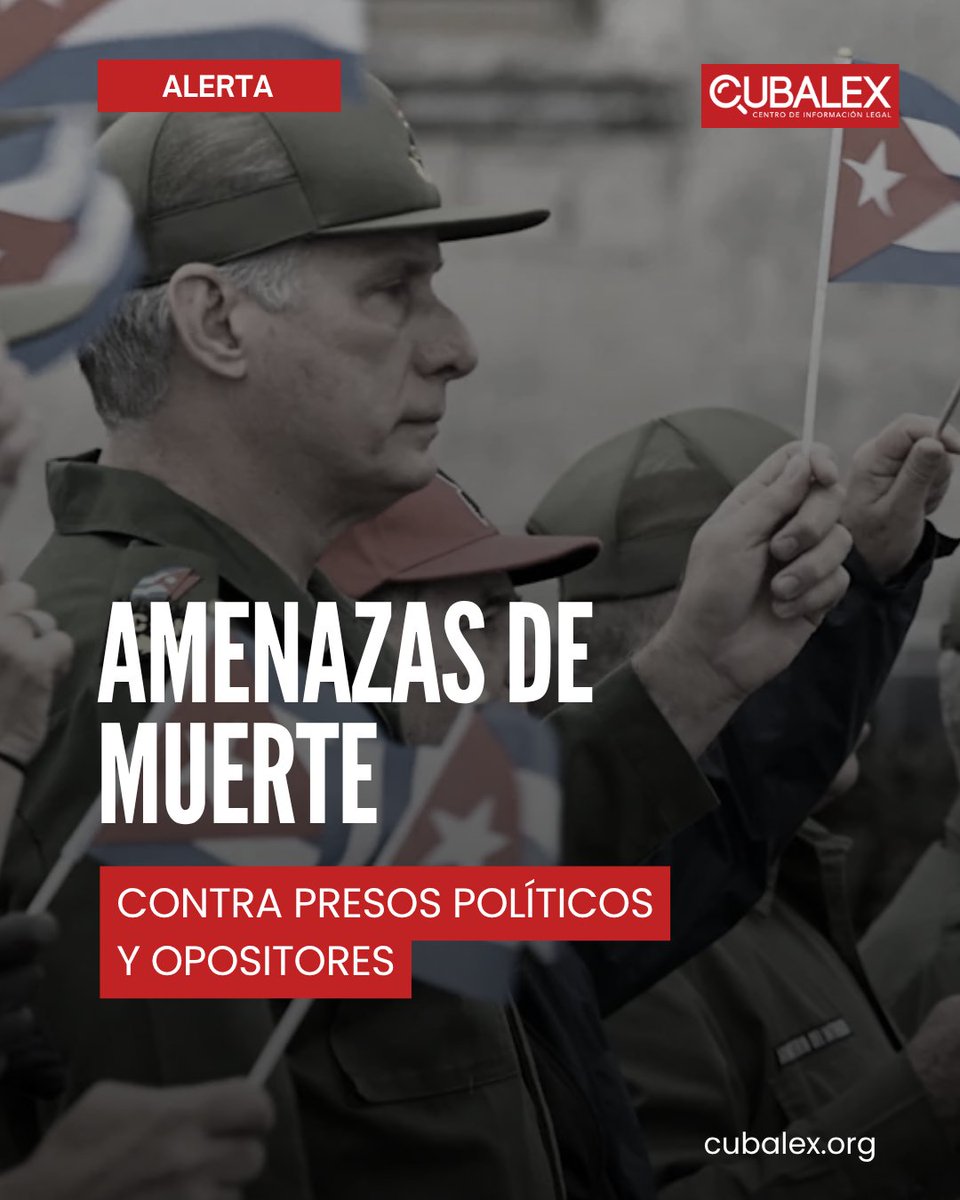 CubalexDDHH's tweet photo. 🚨#AlertaCubalex | Amenazas de muerte contra presos políticos y opositores cubanos.
⚠️ El preso político Roilán Álvarez Rensoler denunció amenazas de fusilamiento por parte de autoridades penitenciarias ante una eventual intervención militar de Estados Unidos.
⚠️ El preso político Alieski Calderín Acosta denunció que el director de la prisión Kilo 8, en Camagüey, le advirtió: “No te conviene que venga Trump porque te voy a eliminar”. También han sido intimidados los presos políticos Dixan Gainza Moré y Amaury Díaz García, así como los manifestantes del 11J Eider Frómeta y Andrés Lugo.
⚠️ Luis Manuel Otero Alcántara inició una huelga de hambre tras denunciar amenazas de muerte contra él y el preso político Daniel Alfaro en la prisión de Guanajay. 
🔴 Paralelamente, opositores, periodistas y activistas han recibido advertencias directas de la Seguridad del Estado sobre posibles represalias violentas en caso de un conflicto con Estados Unidos.
⚠️ Dagoberto Valdés y Yoandy Izquierdo, líderes del Centro de Estudios Convivencia.
⚠️ El periodista independiente Luis Cino.
⚠️ La creadora de contenido Anna Sofía Benítez Silvente (Anna Bensi). 
⚠️ La líder de las Damas de Blanco, Berta Soler, y su esposo, el ex preso político y activista, Ángel Moya.
#DerechosHumanos #SOSCuba #PresosPoliticos #LibertadParaLosPresosPoliticos #AlertaCubalex