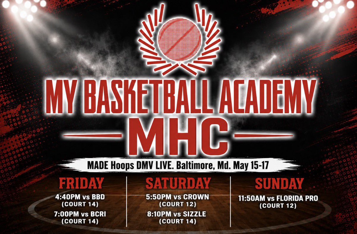 MyBballAcademy's tweet photo. Here’s our schedule for our 2027 MHC team! Excited to see all the coaches at the event this weekend @madehoops https://t.co/vk9dG5I1XV