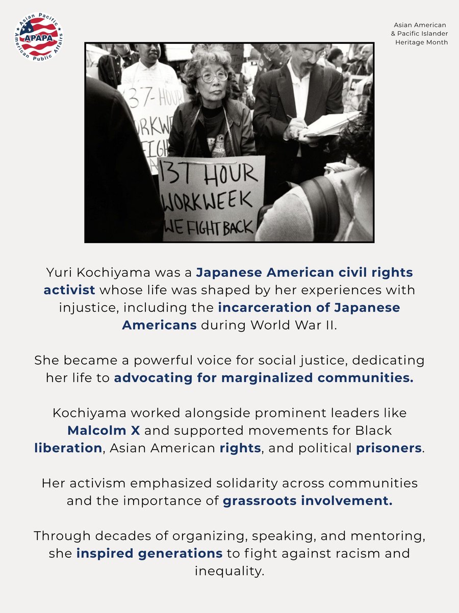 APAPANational's tweet photo. Meet Yuri Kochiyama—our first AANHPI figure spotlight for #AANHPIHeritageMonth. ✨ Her lifelong advocacy for civil rights and cross-racial solidarity inspires us to uplift communities and advance equality. Learn more about her impact. #APAPA #YuriKochiyama https://t.co/qwtbrScFx7