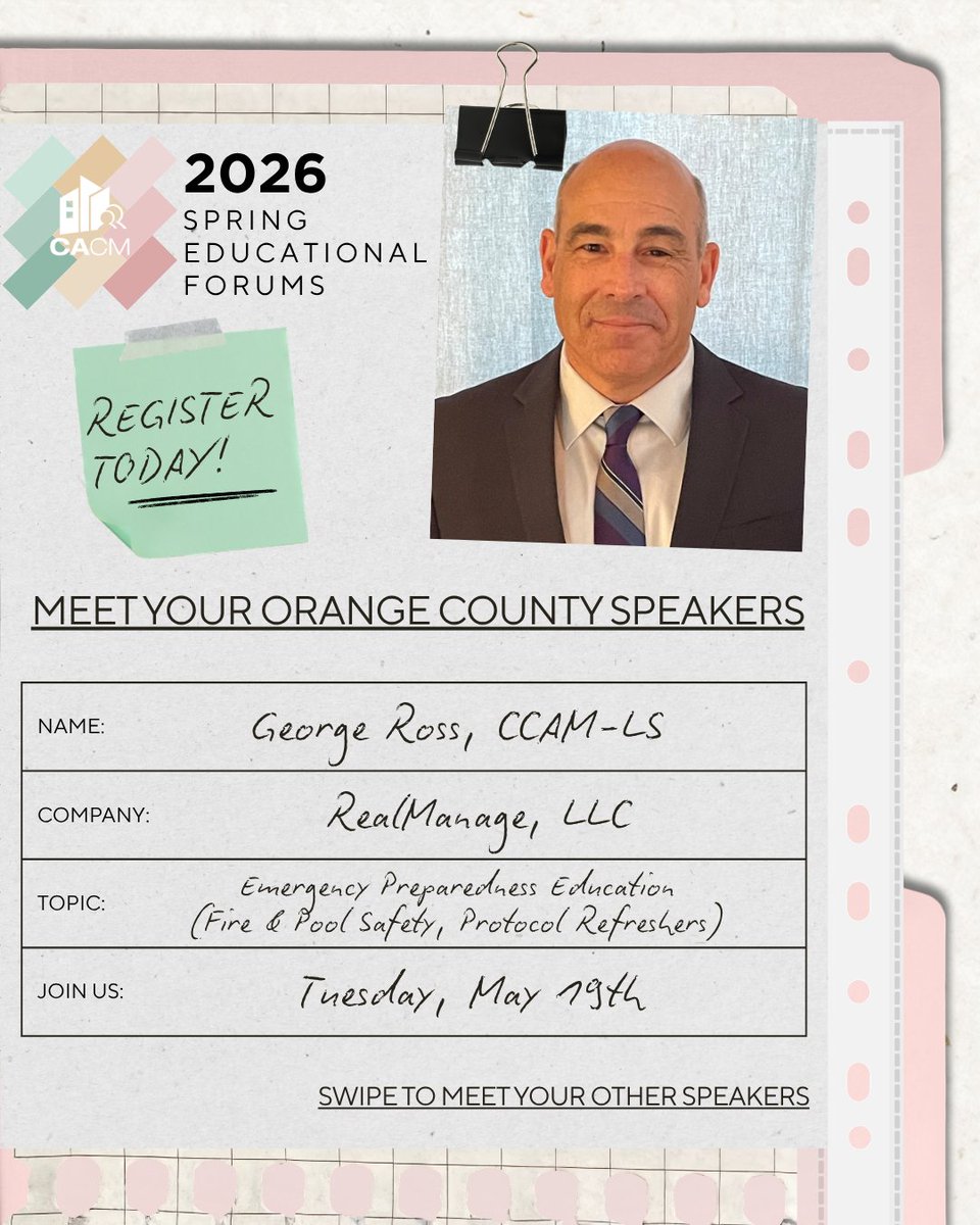 CACMchat's tweet photo. Join us at the Orange County Spring Educational Forum on Tuesday, May 19th! 🤝✨

We have FIVE speakers ready to discuss with you all there is to know about emergency preparedness. Don't miss out! 🌟

#CACM #SpringForums #CommunityManagers https://t.co/0KD5LSqQwl