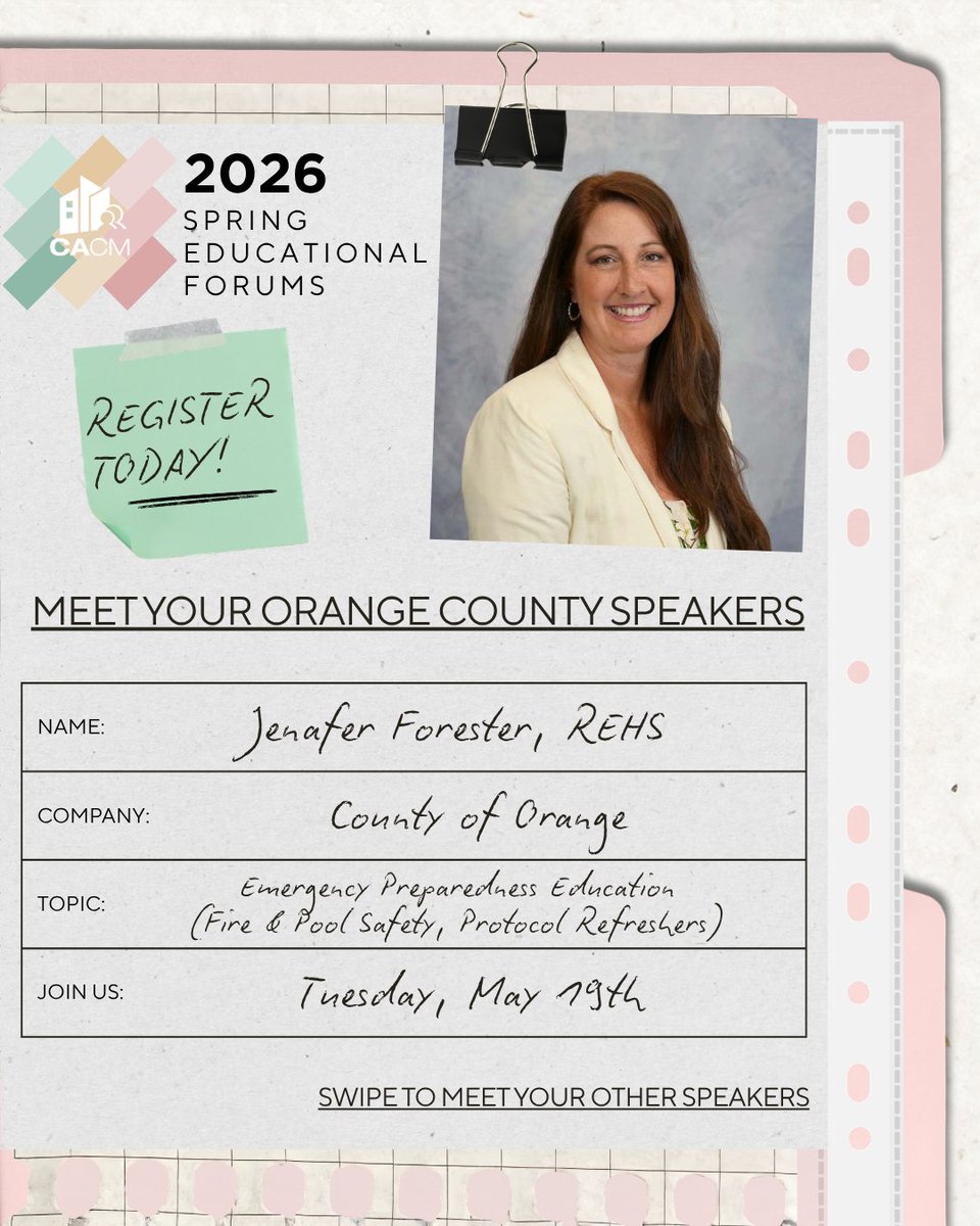 CACMchat's tweet photo. Join us at the Orange County Spring Educational Forum on Tuesday, May 19th! 🤝✨

We have FIVE speakers ready to discuss with you all there is to know about emergency preparedness. Don't miss out! 🌟

#CACM #SpringForums #CommunityManagers https://t.co/0KD5LSqQwl
