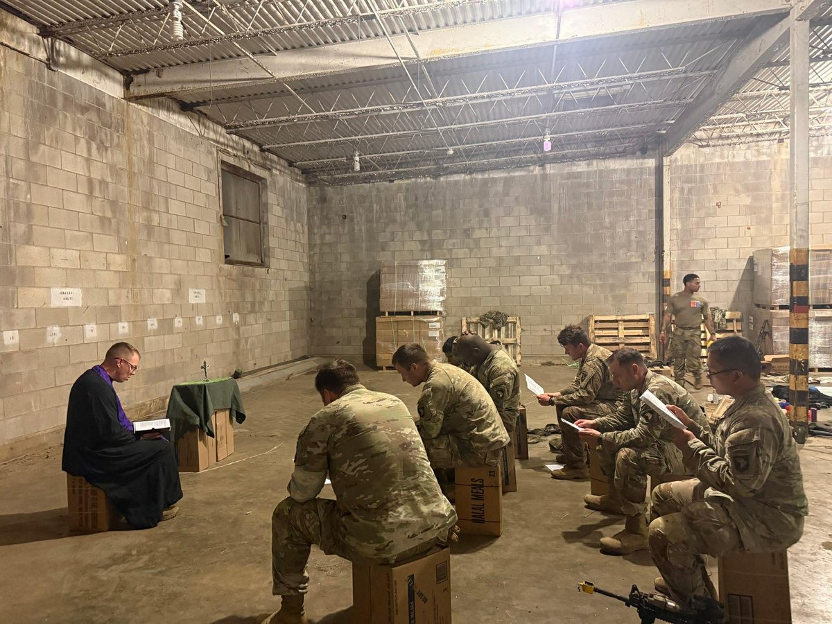 LCMSMAF's tweet photo. On this blessed Ascension Day, we reflect back on Lent, Holy Week and the season of Easter. Here LCMS Army Chaplain Michael Kearney leads his soldiers in the field during Holy Week and Easter. We praise God for providing Chaplains to be with our military members during these important services of the Church Year.