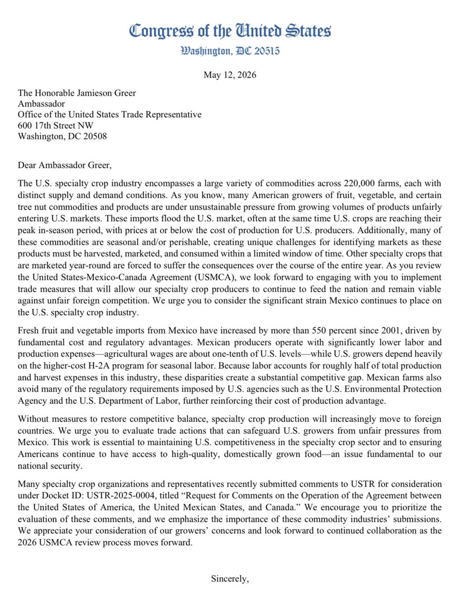 RepPatHarrigan's tweet photo. American specialty crop farmers are being undercut by foreign competitors who pay a fraction of our labor costs and avoid the regulations our growers have to follow every day. 

Proud to sign onto @AustinScottGA08’s letter urging Ambassador Greer to use the USMCA review to address the unfair advantage Mexican producers have had over American farmers for far too long.