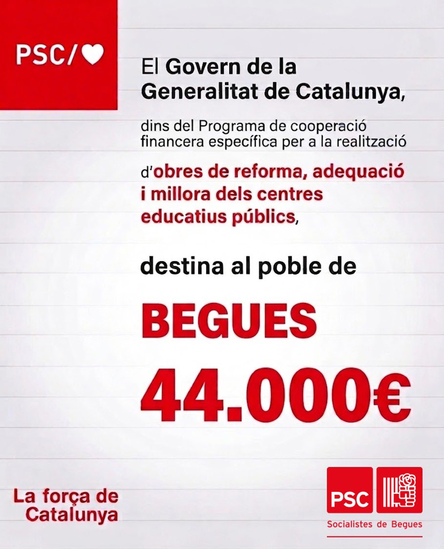PSCBegues's tweet photo. El govern socialista de la @gencat ha assignat inicialment 44.000€ per la millora dels centres educatius públics de #Begues. https://t.co/89XabYP3kN