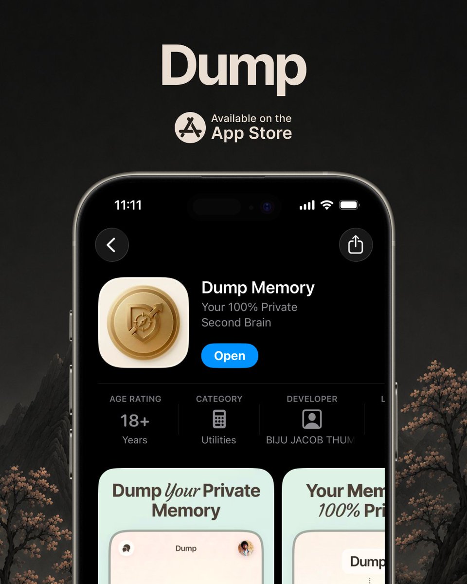 rohildev's tweet photo. So this is happening.
Dump Memory is on the App Store as of today.

Before talking about the launch, I just want to thank everyone who was part of the beta. You stayed through the bugs, half-baked features, and the endless TestFlight updates 😅

That support meant everything. Seriously, thank you.

For those who don’t know about Dump, please check out the Video and App Store link below.

Retweet this post and I’ll give you 100 extra credits, enough to save around 50 more memories.