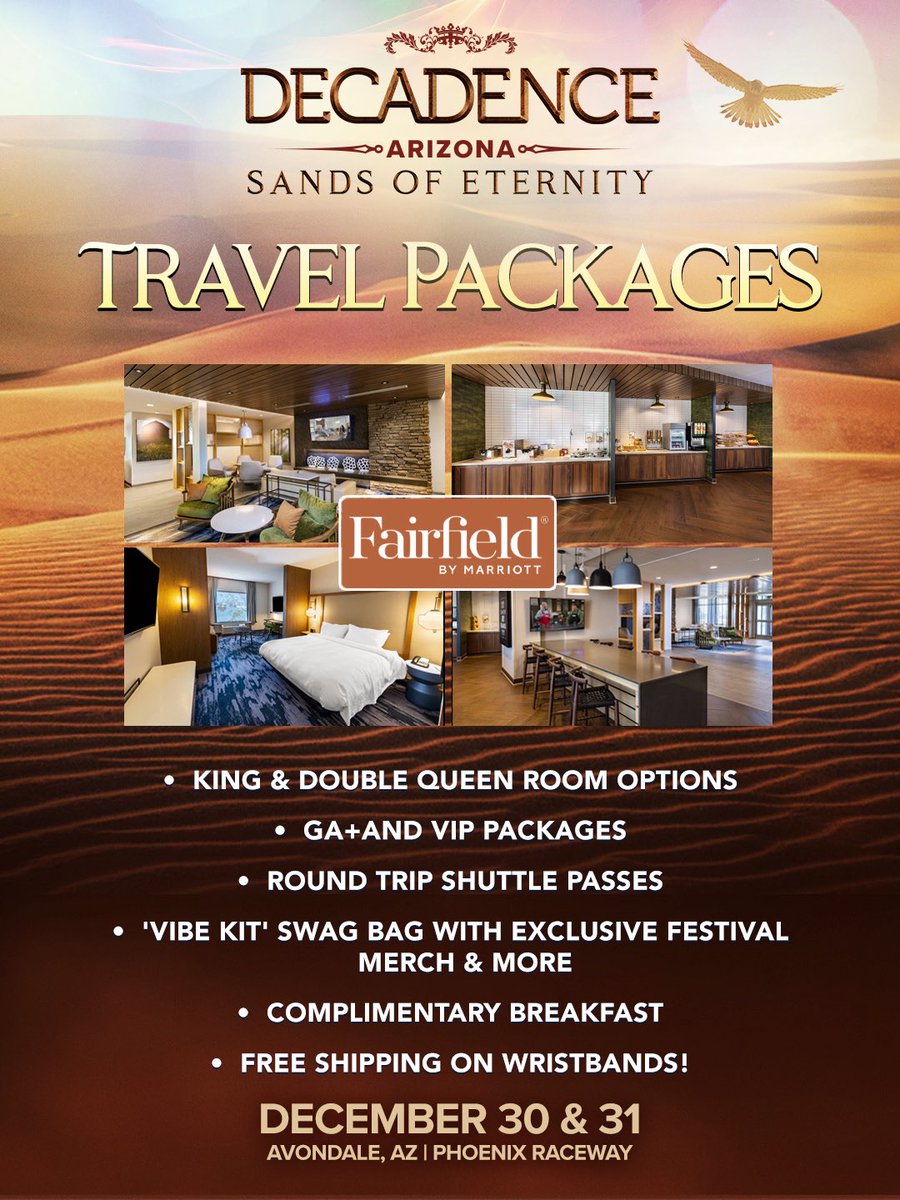DecadenceAZ's tweet photo. Travel through the Sands of Eternity ✈️✨

Sign up now for more info at https://t.co/fmWYnMDVRI 🔗
Travel packs presale starts Thursday @ 10AM MST
Travel packs on sale Friday @ 10AM MST 🎟️ https://t.co/1s2gwSr27d