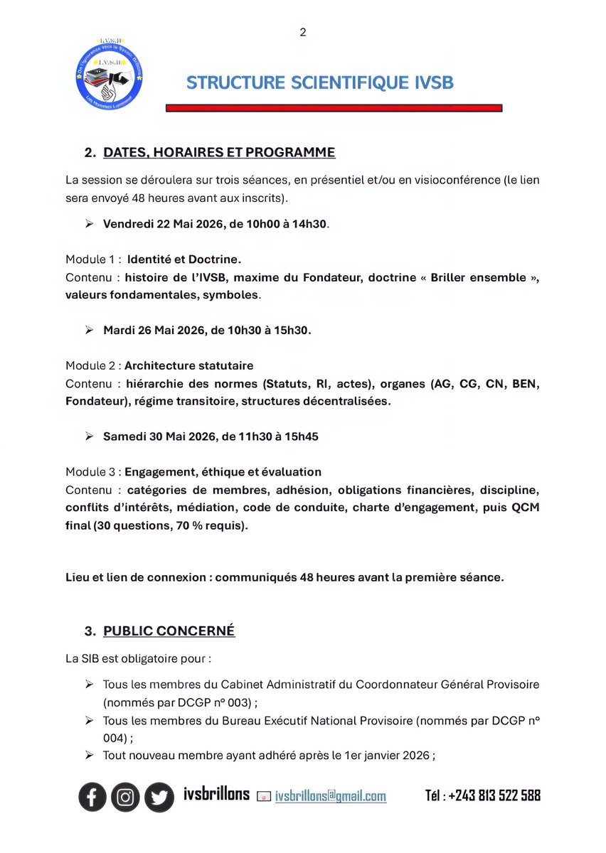 ivsbrillons's tweet photo. NOTE DE SERVICE CONJOINTE N° 002/CAB-CGP/BEN-P/IFEMI/2026 PORTANT CONVOCATION À LA PREMIÈRE SESSION D’INITIATION DE BASE (SIB) DE L’IVSB.

BUREAU EXÉCUTIF NATIONAL - P &amp; CABINET ADMINISTRATIF DU CGP.

@BTshizala https://t.co/B2IckPlnw6