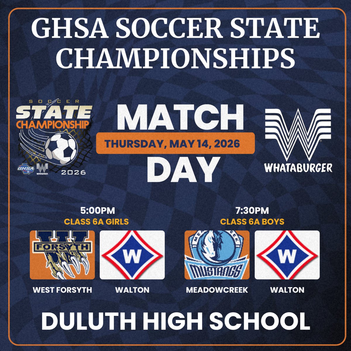 OfficialGHSA's tweet photo. Soccer State Championships | Match Day
2026 ⚽️ 🏆 Presented by @Whataburger
Class AD-1 @UpsonLeeKnights  (4pm-Girls, 6:30pm-Boys)
Class 6A @DHSGAWildcats (5pm-Girls, 7:30pm-Boys)

🎟️ Tickets available @GoFanHS
💻 Watch Live @NFHSNetwork
📰 Digital Fan Guide @ https://t.co/IpUIpdkYD7

#SelectSoccer @dairy_alliance