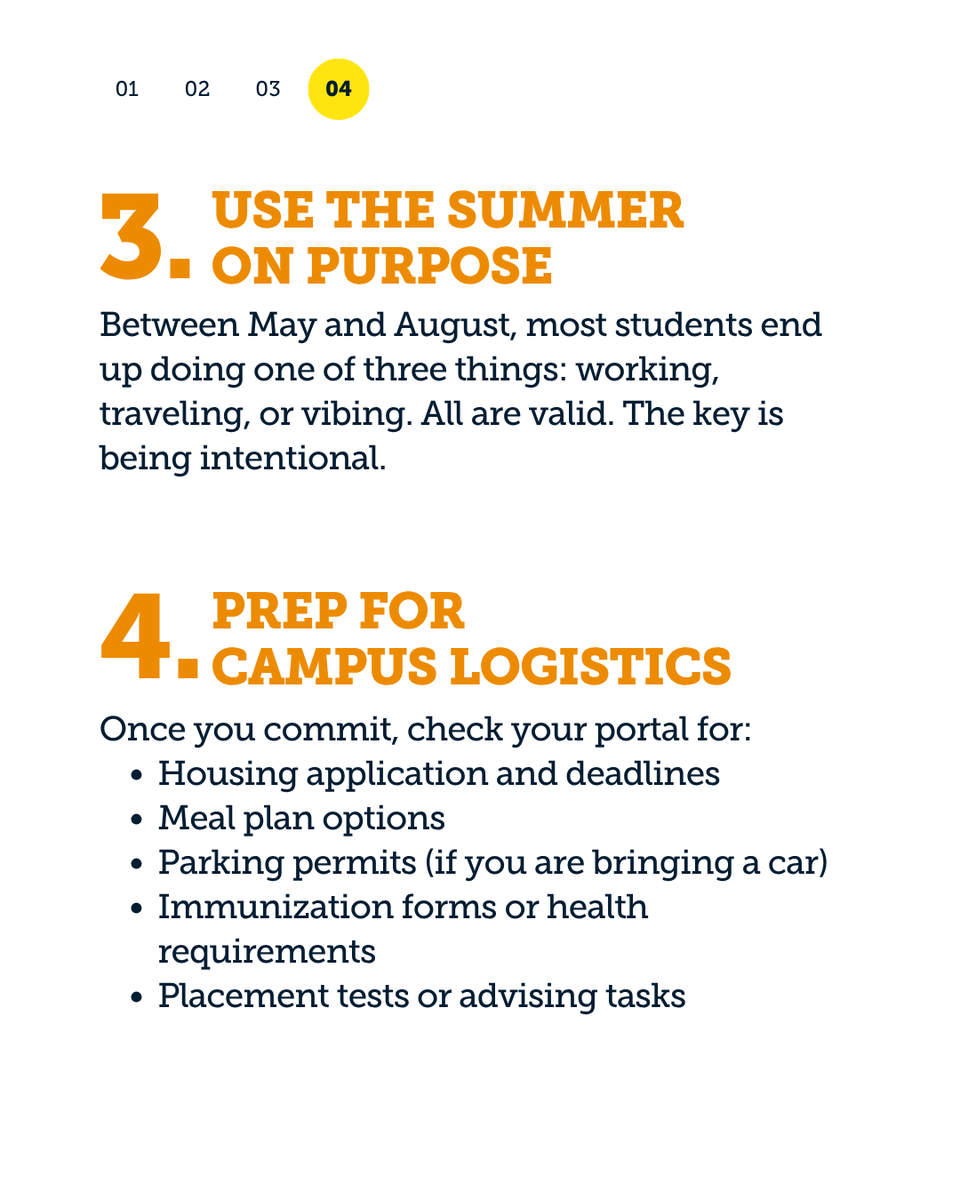 AppilyCom's tweet photo. What should you do after committing to a college? 
1. Keep looking for scholarships 
2. Attend orientation and course registration 
3. Use the summer on purpose
4. Prep for campus logistics 

#summerbreak #collegeadvice #collegetips #collegeadmissions https://t.co/rG3Eceruqt