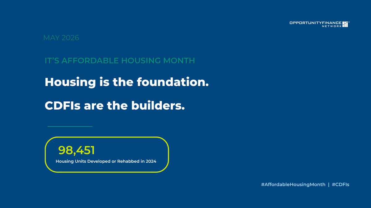 OppFinance's tweet photo. May is Affordable Housing Month. 

In 2024, OFN's member CDFIs financed 98,451 housing units—new construction where conventional capital stopped, preserved affordable rentals at risk of conversion to market-rate, and first-generation homebuyer mortgages.

Housing is cost-of-living infrastructure. CDFIs build it. Read more: https://t.co/fZNkcziu0K #AffordableHousingMonth