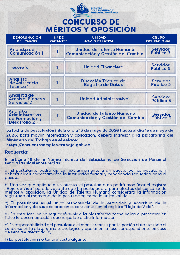 RPMRuminahui's tweet photo. ¡Atención ciudadanía! 📢

El Registro de la Propiedad y Mercantil del cantón Rumiñahui informa que se llevará a cabo el proceso de concursos de méritos y oposición.

#concursospúblicos #RegistroDeLaPropiedadRumiñahui #OportunidadesLaborales https://t.co/AaM9lcBNfB