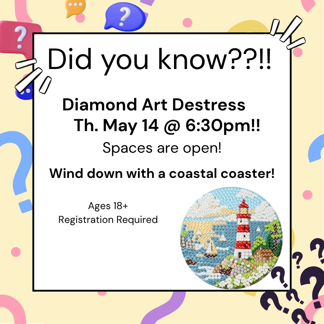 FrkPublicLib's tweet photo. Did you know there are still spaces available for this Thursday's Diamond Art De-Stress! Look for this and dozens of programs every week on the Library Calendar!
https://t.co/Hjg6XsIKE1
#libraryprograms #franklinma @TOFranklinMA https://t.co/oOZgSzcXfe