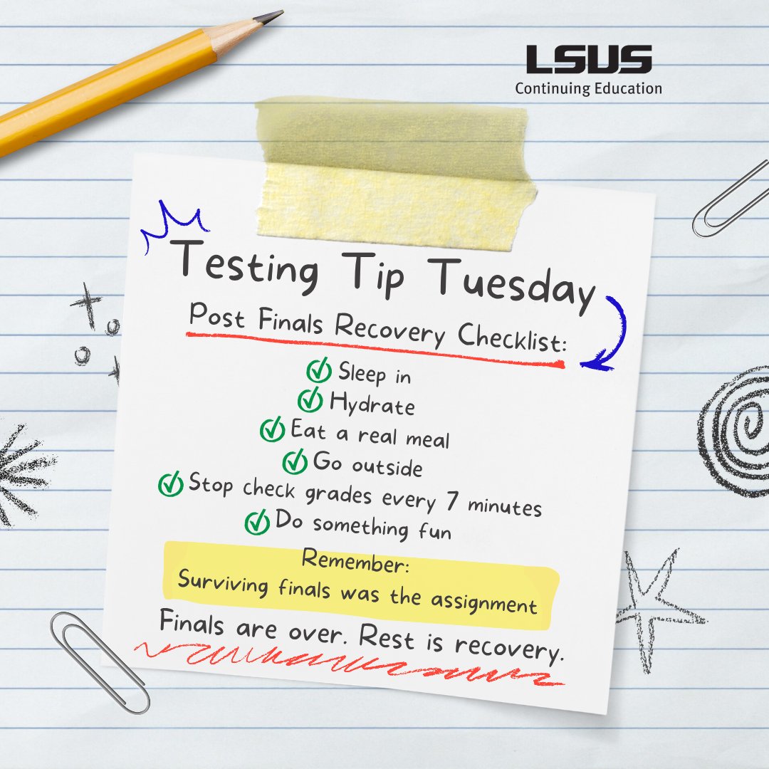 LSUSContEd's tweet photo. Since it’s #MentalHealthAwareness Month, here’s your official reminder that recovering after finals is productive too.
You survived quizzes, deadlines, discussion posts, & at least one assignment submitted at 11:58 PM. 💜
#lsusce #TestingTipTuesday #MentalHealthAwarenessMonth https://t.co/zOoFvNxDXU