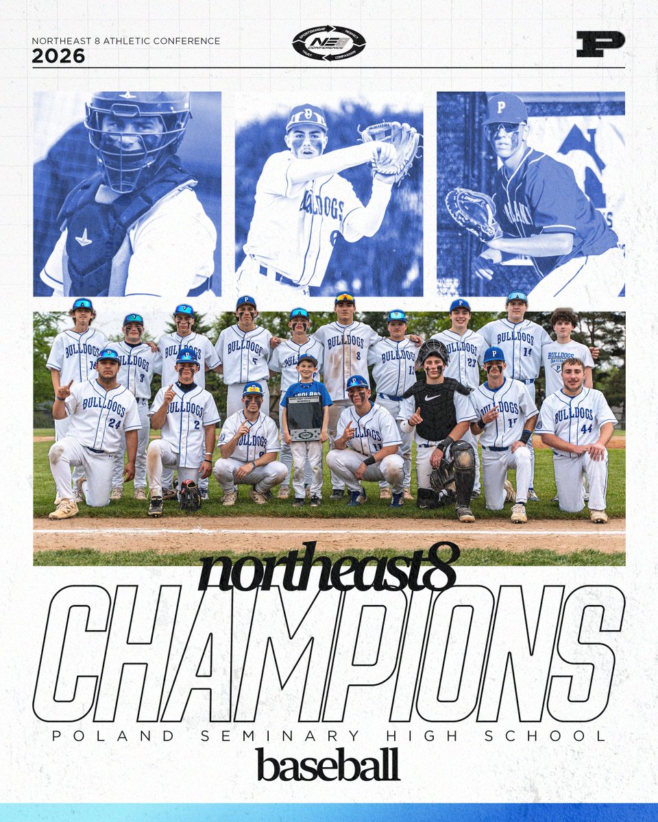 PolandAthletics's tweet photo. 2026 NE8 CHAMPIONS - BASEBALL - POLAND BULLDOGS | Congratulations to the PSHS Baseball team on winning the 2026 NE8 title. LET’S GO, DOGS! https://t.co/DigUV46Shi