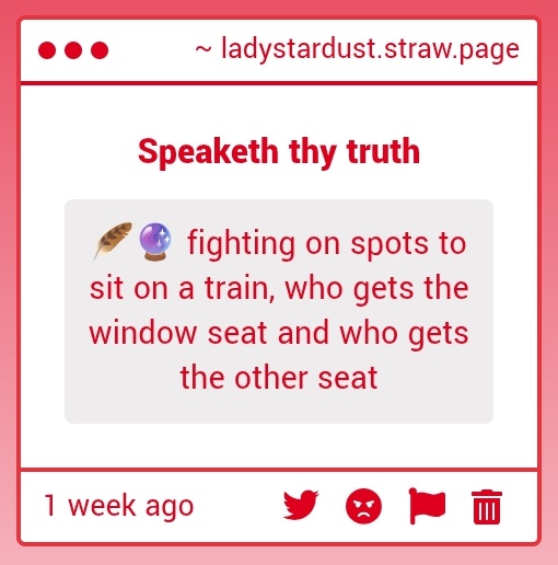 Sorry, Fumi always gets kicked out to the other seat, it's the law that Luci always gets the window seat

ladystardust.straw.page