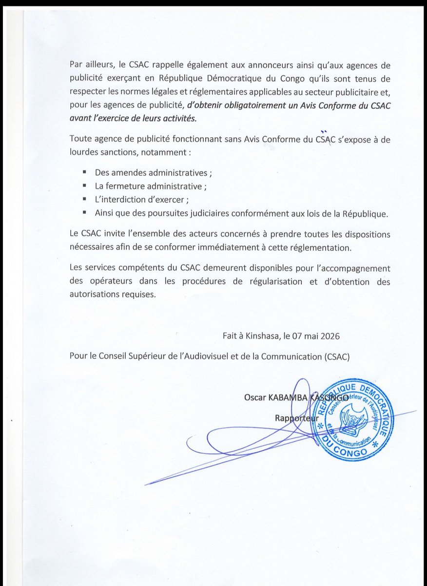 kamba82's tweet photo. #RDC 🇨🇩 | Le @csac_rdc durcit le ton face aux publicités non conformes.
À partir du 15 mai 2026, tout média diffusant une publicité sans Avis de conformité du #CSAC s’exposera à de lourdes sanctions administratives, allant des amendes à la suspension des programmes, voire au retrait du signal en cas de récidive.
Objectif affiché : faire respecter les lois de la République, protéger les consommateurs et assainir le paysage médiatique congolais.
@CBosembe