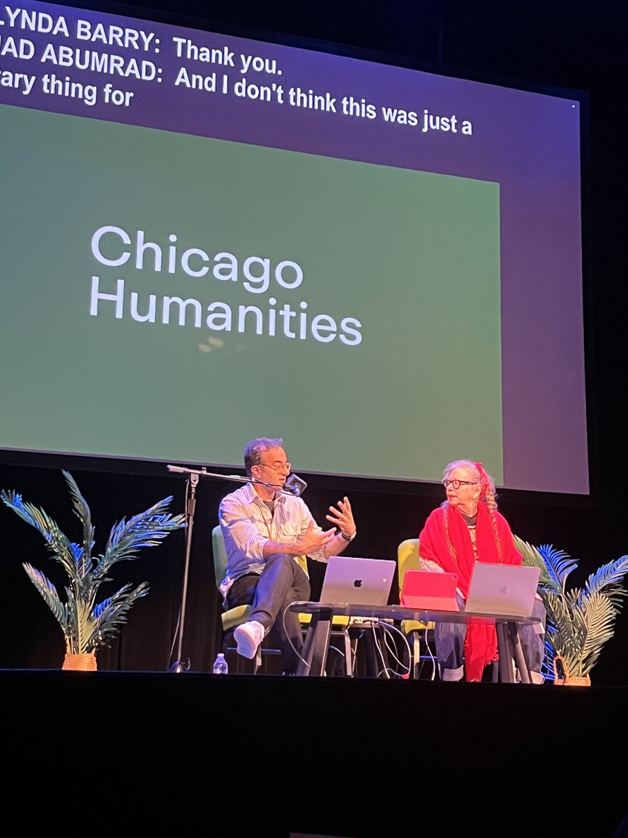 macfound's tweet photo. Last weekend, 2011 #MacFellow @JadAbumrad and 2019 #MacFellow Lynda Barry discussed art as a catalyst for change and a force for good. 

At @chihumanities, Abumrad, creator of @Radiolab, and Barry, cartoonist and educator, exchanged ideas about the existential benefits of having a creative practice during their panel, "An Unnameable Energy: Why Art Matters Now."

Take a look ⬇️