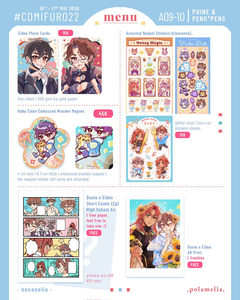 nocanolla's tweet photo. Here's my Nu: Carnival catalog for #CF22 🥳

🌟 A09-10 (Puine &amp; PENG*PENG)
🌟 16-17 May (we're both days yayy!!)

I only prepare limited stocks so no reservation 🙏💦 but mail order will be available after cf.

Feel free to ask for free paper/freebiees!

#comifuro22 https://t.co/lrkmfy0ZXi