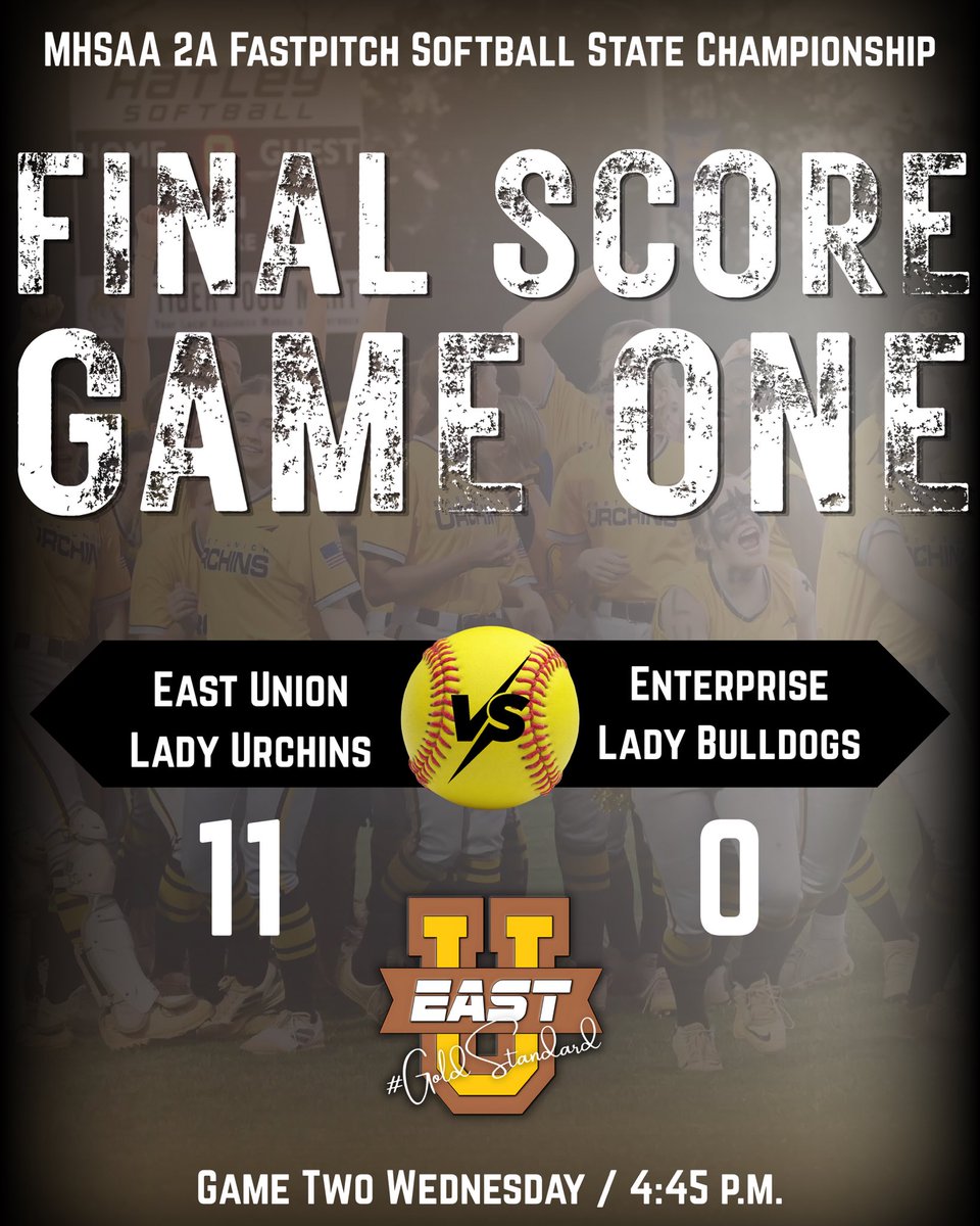 EastUnionAC's tweet photo. The Lady Urchins run rule the Lady Bulldogs in six innings to take game one of the championship series. Game two tomorrow at 4:45. Let’s go, Lady Urchins! #StateChampionship #Believe #GoldStandard https://t.co/F6SqhnNjI9