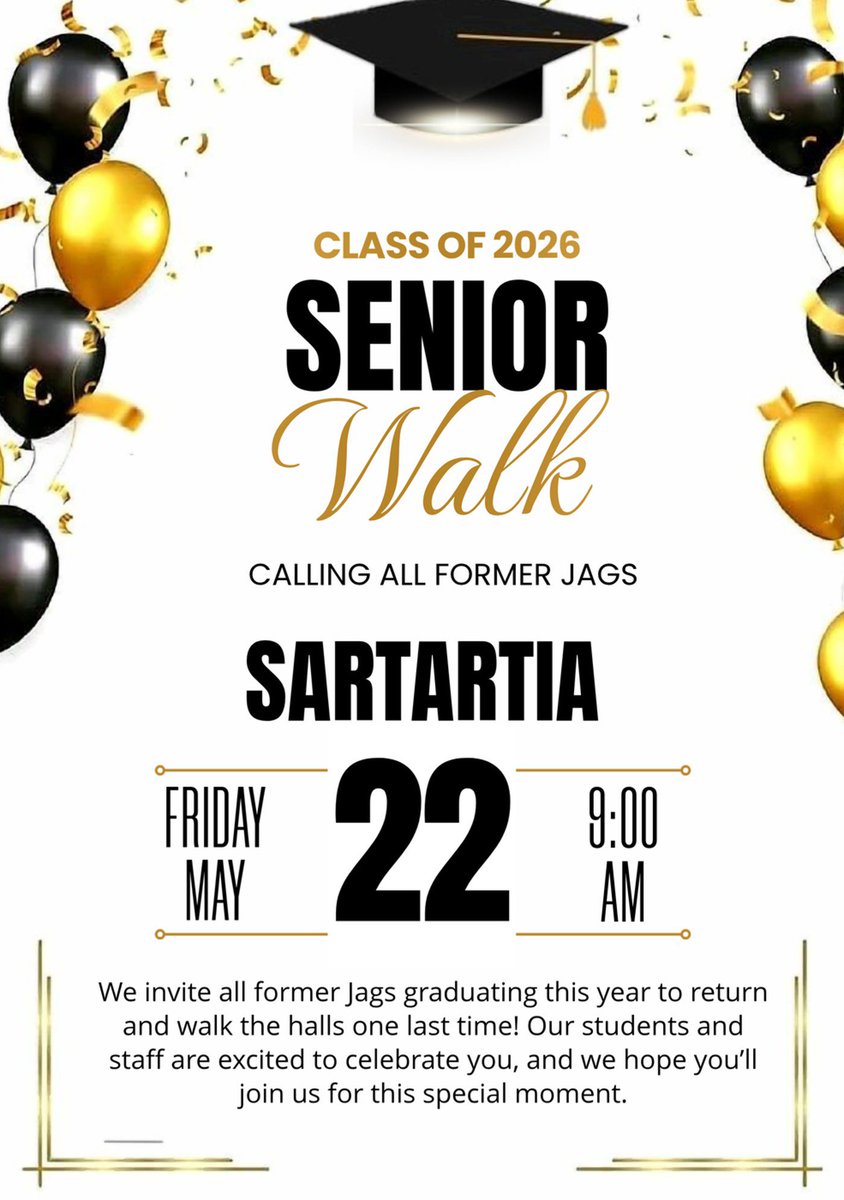 sms_jaguars's tweet photo. Calling all former Jags! Join us for our Senior Walk on May 22nd and take one last walk through the halls before graduation. Come celebrate your journey, reconnect with teachers, and inspire the next generation of Jags. We can’t wait to welcome you home #OnceAJagAlwaysAJag https://t.co/U6kuwN5NNS