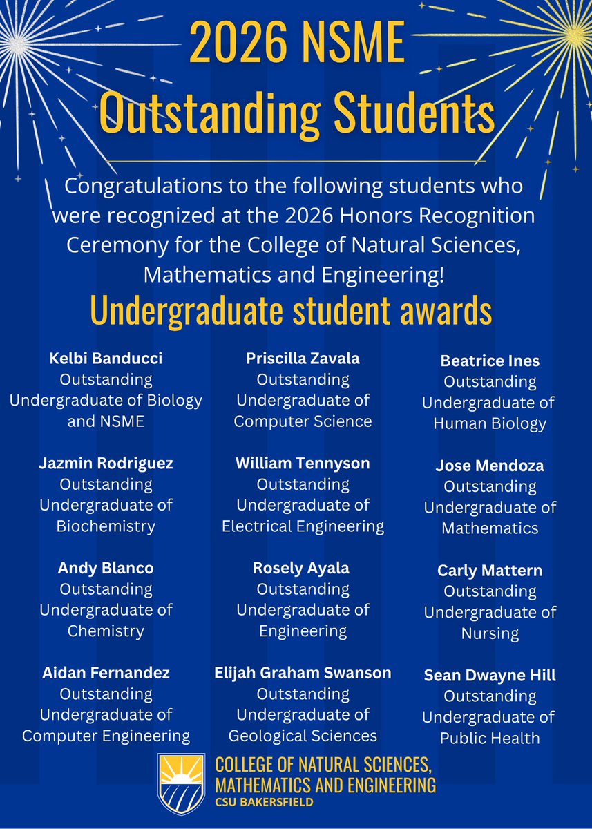 CSUBNSME's tweet photo. Congrats to all of our outstanding students who were celebrated at our Honors Recognition Ceremony! Each of you has impressed us with your hard work, determination and sheer brilliance! We can only imagine the great things you'll accomplish next!

Photos to come soon! 💙 💛 🎓 https://t.co/W94dWASSZs