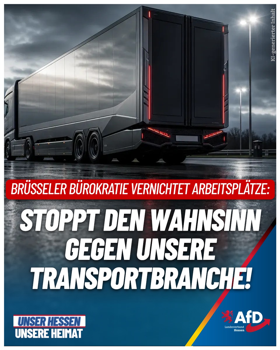 AfD_Hessen's tweet photo. 🚚70.000 Arbeitsplätze in Gefahr! Während unsere Logistikbranche bereits unter explodierenden Kosten leidet, treibt die EU mit der Verordnung 2024/1610 nun Hersteller von LKW Anhängern mit absurden Aerodynamik-Vorgaben und Strafzahlungen in den Ruin!  Brüssel ignoriert die wirtschaftlichen Realitäten für einen ideologischen CO2 Fetisch. Die #AfD fordert ein Ende dieser realitätsfernen Gängelung mit Entlastungen statt immer neuer technokratischer Verbote!