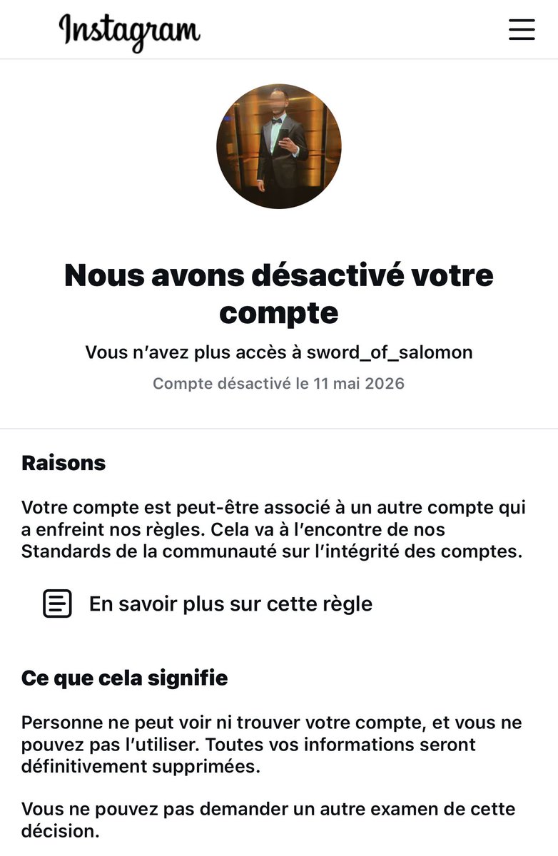 🚨 <a href="/MetaFrance/">Meta France</a> vient de supprimer pour la 3e fois consécutive notre compte <a href="/instagram/">Instagram</a>.

Cette fois, le compte a été supprimé quelques heures après sa création, alors qu’il avait déjà réuni plus de 6 500 abonnés… sans même avoir publié le moindre signalement.

Pendant ce temps,