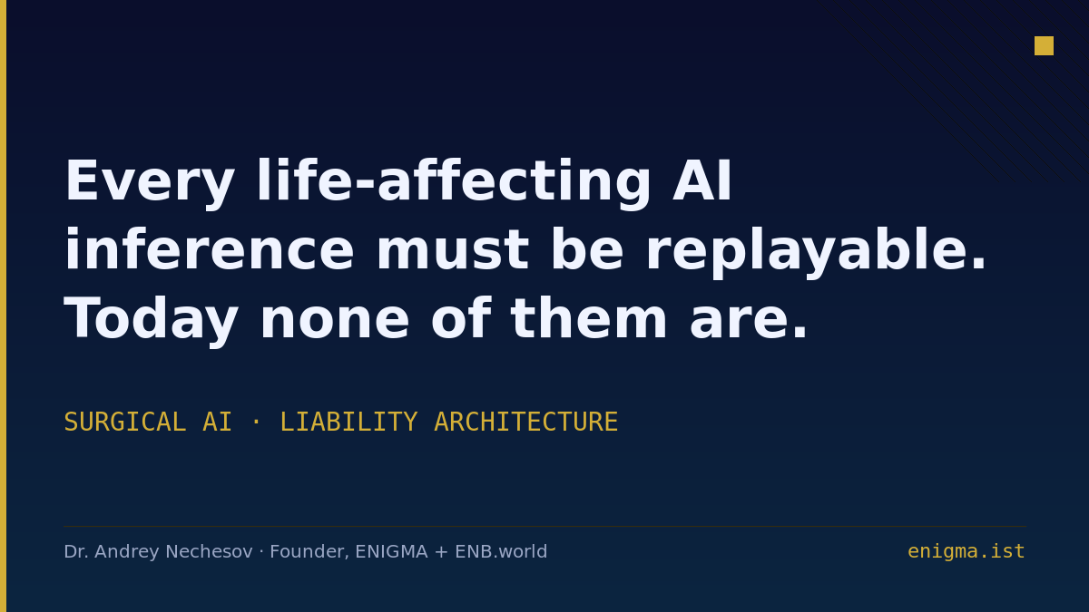nechesoff's tweet photo. An AI tells a surgeon: «90% chance the tumor is benign.»
The surgeon is about to act on that.
Today: nobody can audit how the AI got there.
Tomorrow's standard of care: every life-affecting AI inference is logged, signed at decision time, anchored on chain.
#MedAI https://t.co/aEBi0RL2ec