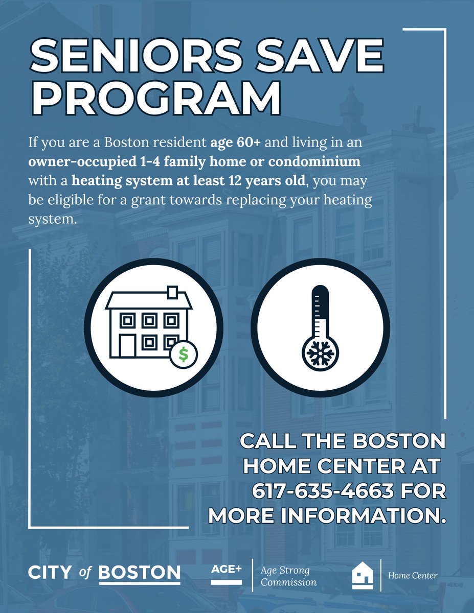 BSHC's tweet photo. If you're over 60+ years old with a heating system at least 12 years old, you may be eligible for a grand towards replacing your heating system. Learn more at https://t.co/6jfnNQBNAz, or contact the Boston Home Center at 617-635-4663, homecenter@boston.gov. https://t.co/BEyPJEukYW