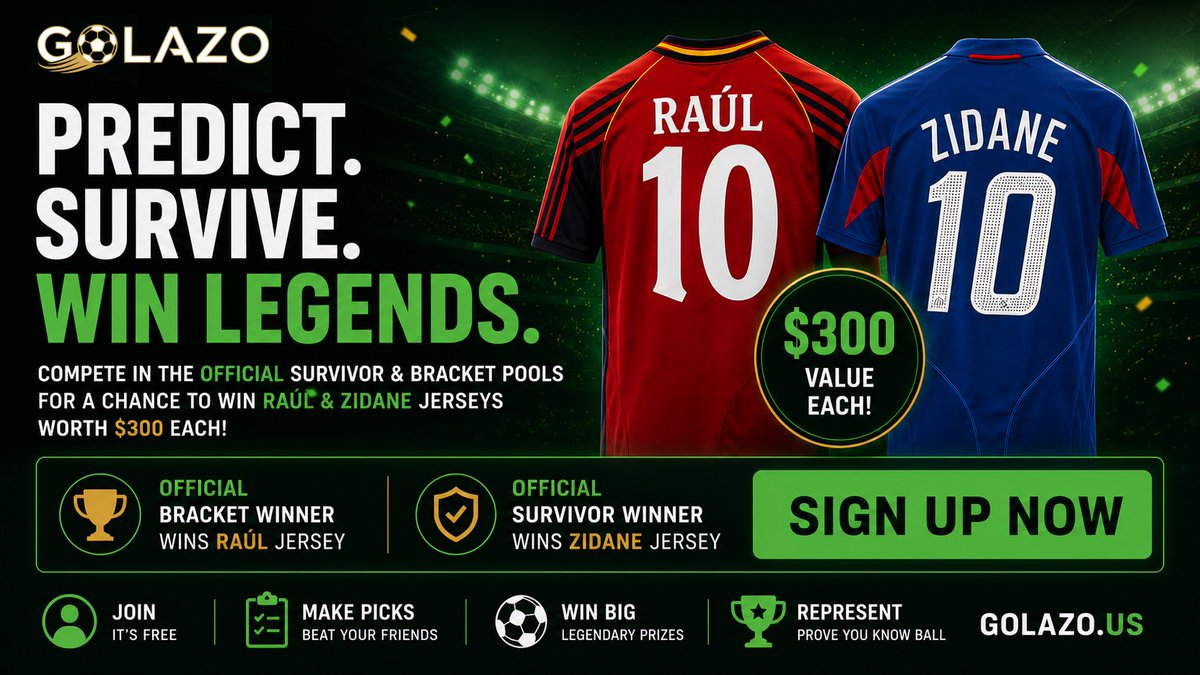 usgolazo's tweet photo. Your group chat has one person who thinks they’re a football genius.

Time to expose them.

Join the Official Golazo Survivor + Bracket pools for a shot at:
👕 Raúl jersey
👕 Zidane jersey
$300 value each.
Sign up → golazo . us

Link to Official Survivor and Bracket pools are below ⬇️