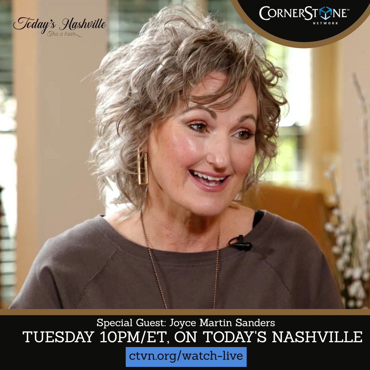 CornerstoneTV's tweet photo. Cornerstone TV network You don't want to miss Tuesday's episode of Today's Nashville featuring Joyce Martin Sander! 🙌

🎥Today's Nashville airs: Tuesdays @ 10pm; Fridays @ 9:30am; Saturdays @ 3:30pm; Sundays @ 10:30am. Eastern time.
💻https://t.co/iKA5p8aZ4a

#faith #nashville https://t.co/2spnGW8EnY