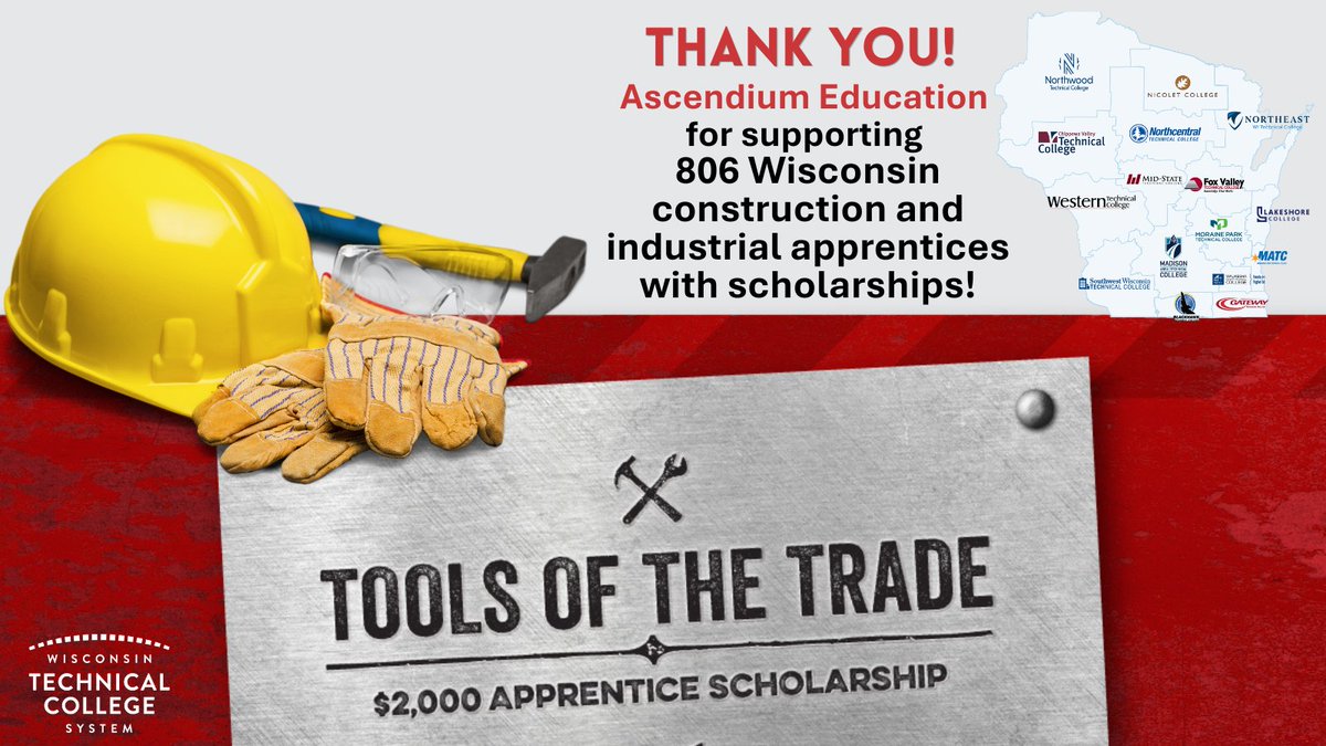 WisTechColleges's tweet photo. Thank you to @AscendiumEducation for supporting 806 Wisconsin apprentices in the construction and industrial industries with $2,000 scholarships to help them get a head start in their careers! 
#Apprenticeships #ApprenticeshipWeek #StudentSuccess 
https://t.co/UCU4wVr71v https://t.co/2hd7Gyq5xq
