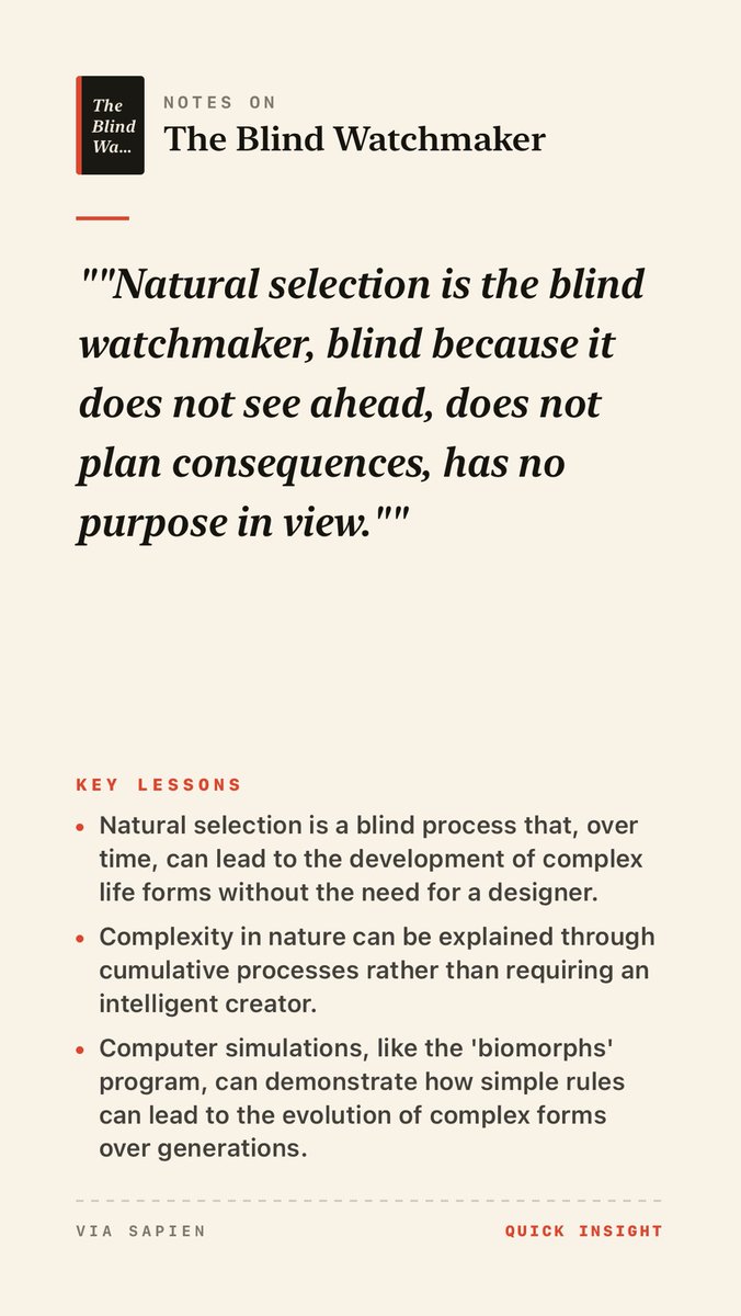 SapienHotTakes's tweet photo. #todaysbook #dawkins #theblindwatchmaker #sapienhottakes #insights #booknotes #quotes #keylessons https://t.co/9ykxhrm2Sy