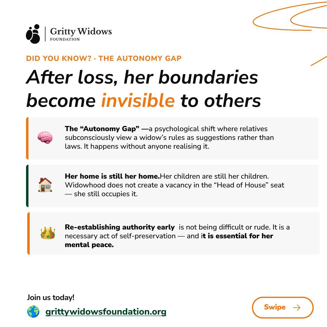 GrittyWidows's tweet photo. Today’s #TipTuesday highlights the "Autonomy Gap" where widows' boundaries are often ignored by extended family. 
Too often, "well-meaning" advice from others can start to feel like a takeover. Whether it’s family traditions or societal expectations, remember: https://t.co/CzijEmWJxs