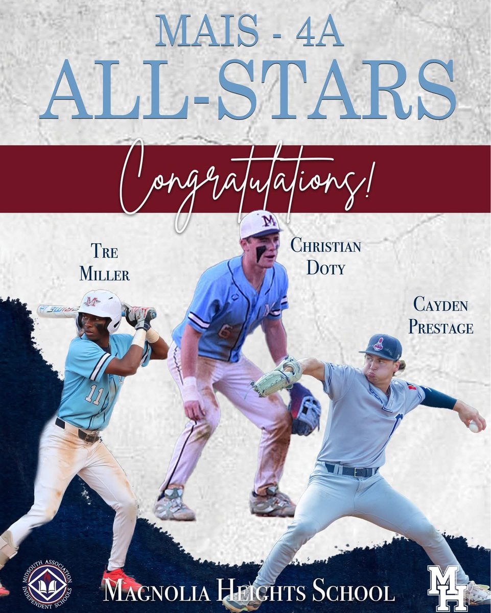 maghtsbaseball's tweet photo. Congratulations to seniors Christian Doty, Tre Miller, and Cadyen Prestage on being selected for the MAIS All-Star game. The game will be held on Monday, May 18th, at Mississippi College, with a scheduled start time of 4:00 PM.
#chiefpride https://t.co/MZctojR55X