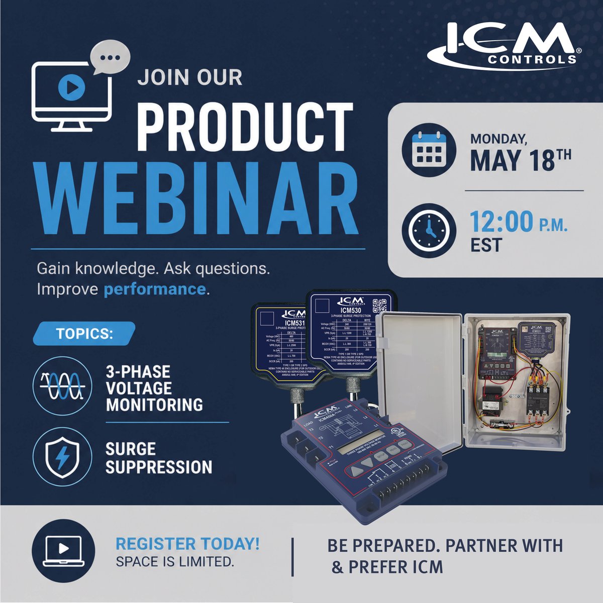 ICMControls's tweet photo. Join our upcoming Product Webinar!

Technical Support expert John Fannetti will cover:
3-Phase Voltage Monitoring
Surge Suppression Solutions

Learn how to improve reliability, protect equipment &amp;amp; reduce downtime
Register today: https://t.co/iHxxuSm7Id https://t.co/HxLIwRKkrC